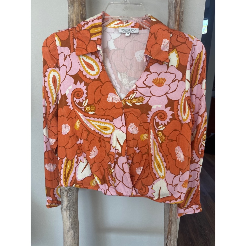 Rachel Zoe floral cropped cross front blouse iorange pink paisley pattern XS